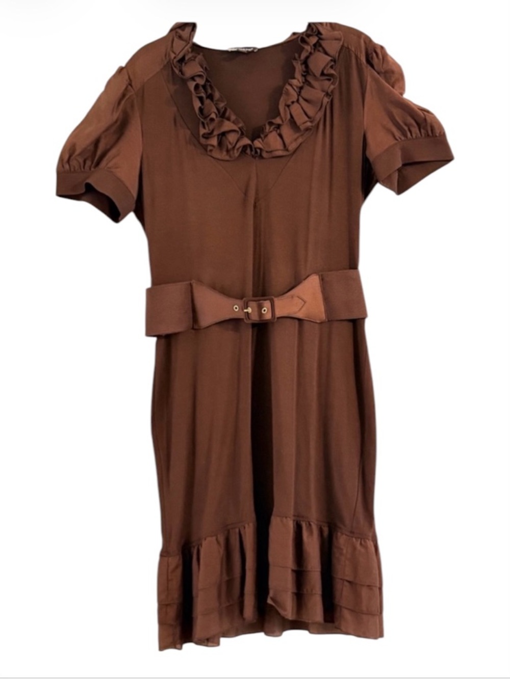 Bebe Vintage Brown Ruffled Hem Belted Cocktail Dress Size Large